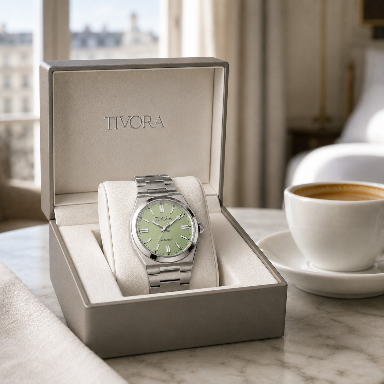 TÍVORÁ Échelon Argent Steel Lime Dial – Custom Branded Automatic Watch