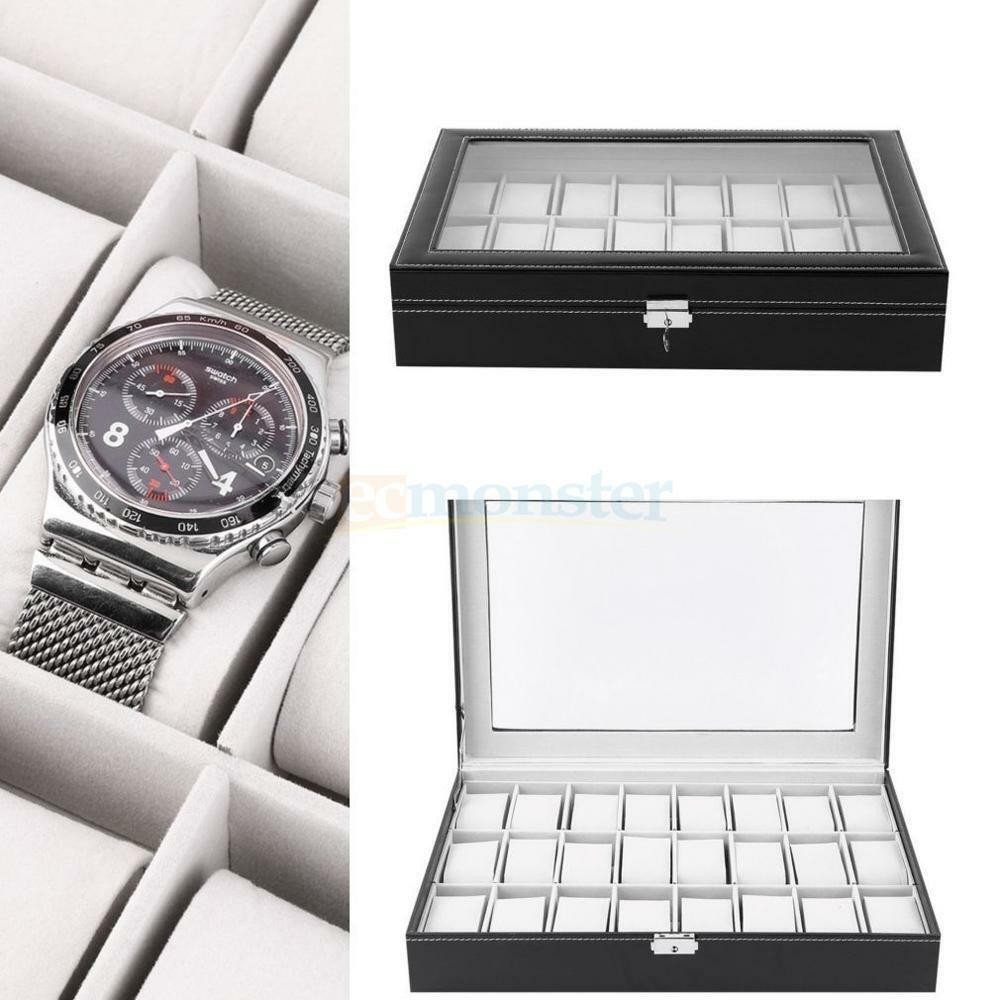 24 Slots Watch Box PU Leather Watch Case Organizer Display Watch Cabinet Black
