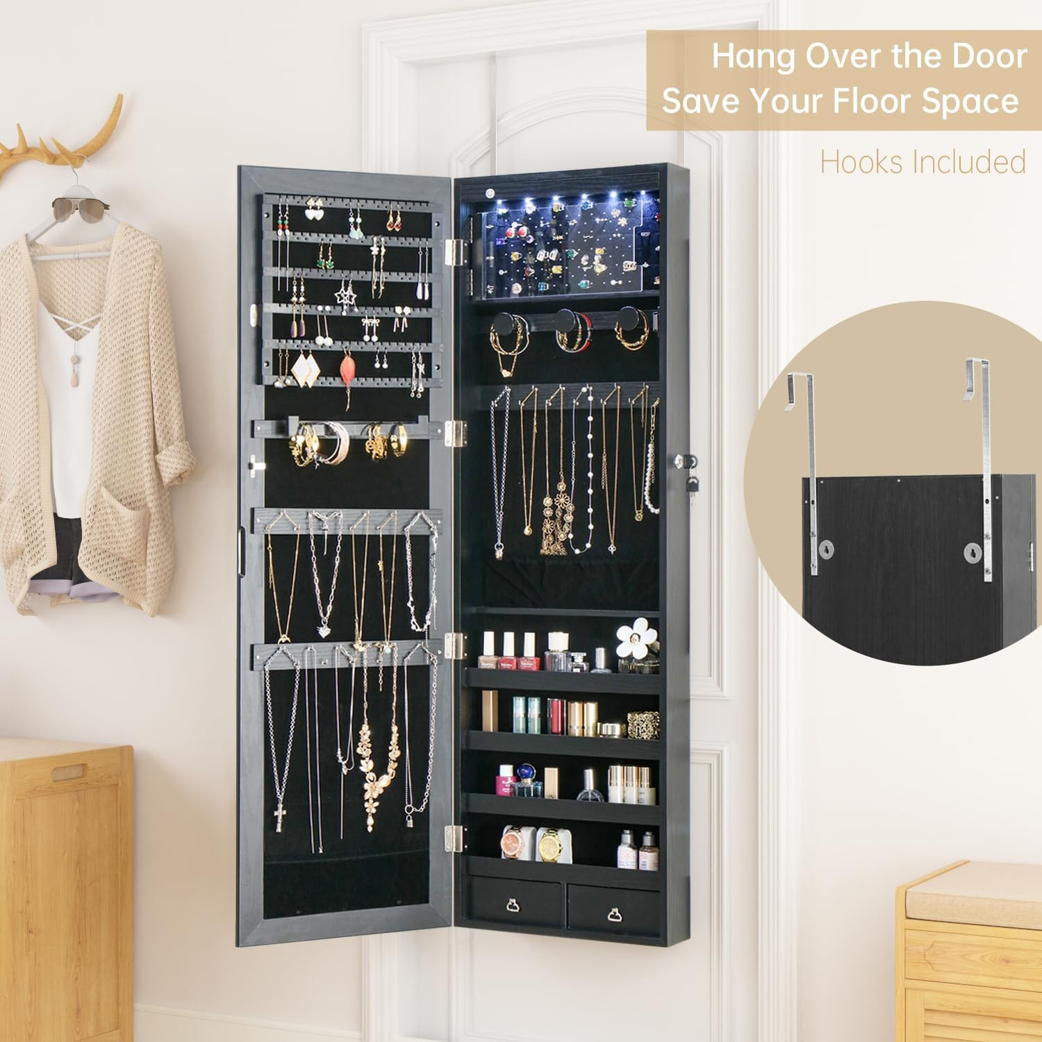 LED Jewelry Armoire with Mirror – Wall Mounted Storage Cabinet in Black