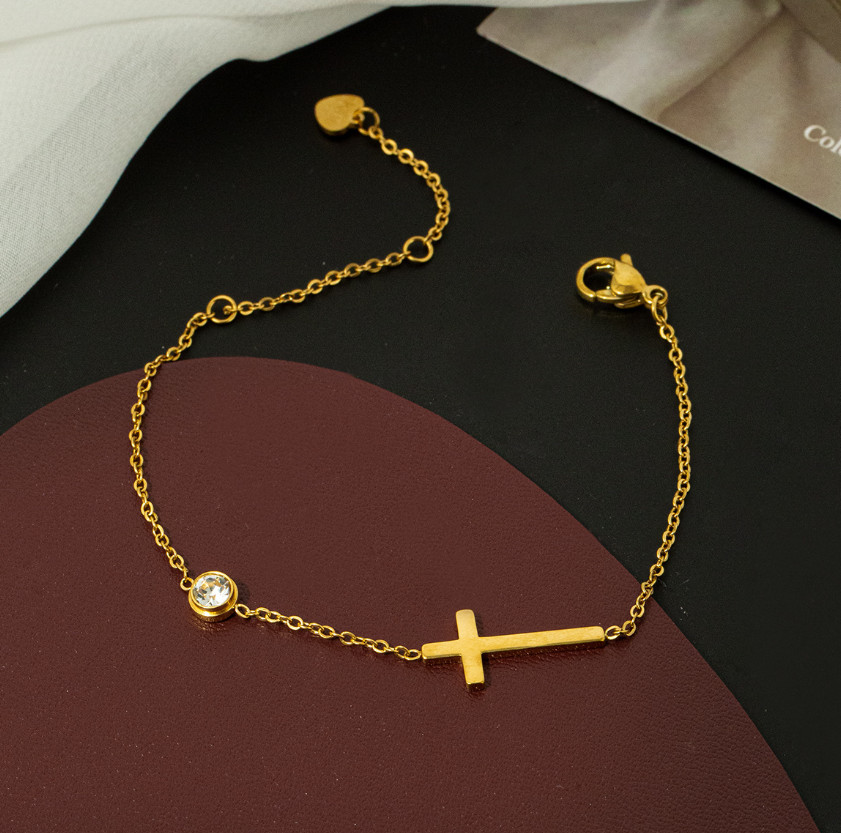 Women’s Adjustable Stainless Steel Cross Bracelet with Cubic Zirconia PE43