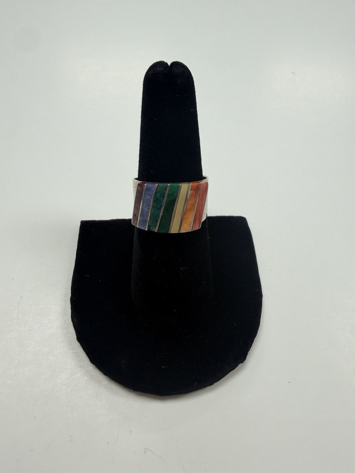 Sterling Silver 950 Rainbow Gemstone Stripe Ring Ich Size 7.5 L56