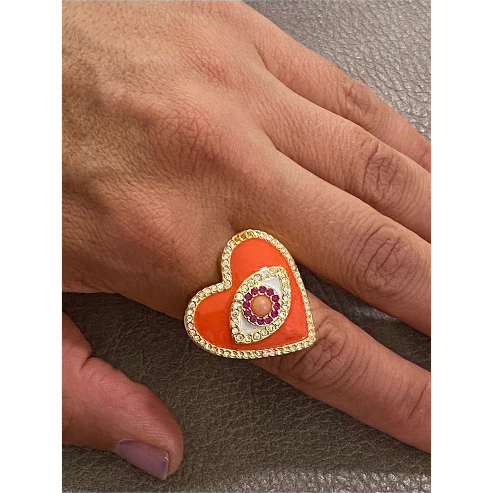 Kurt Geiger Evil Eye Heart Cocktail Ring Orange in Gold Tone Size 7