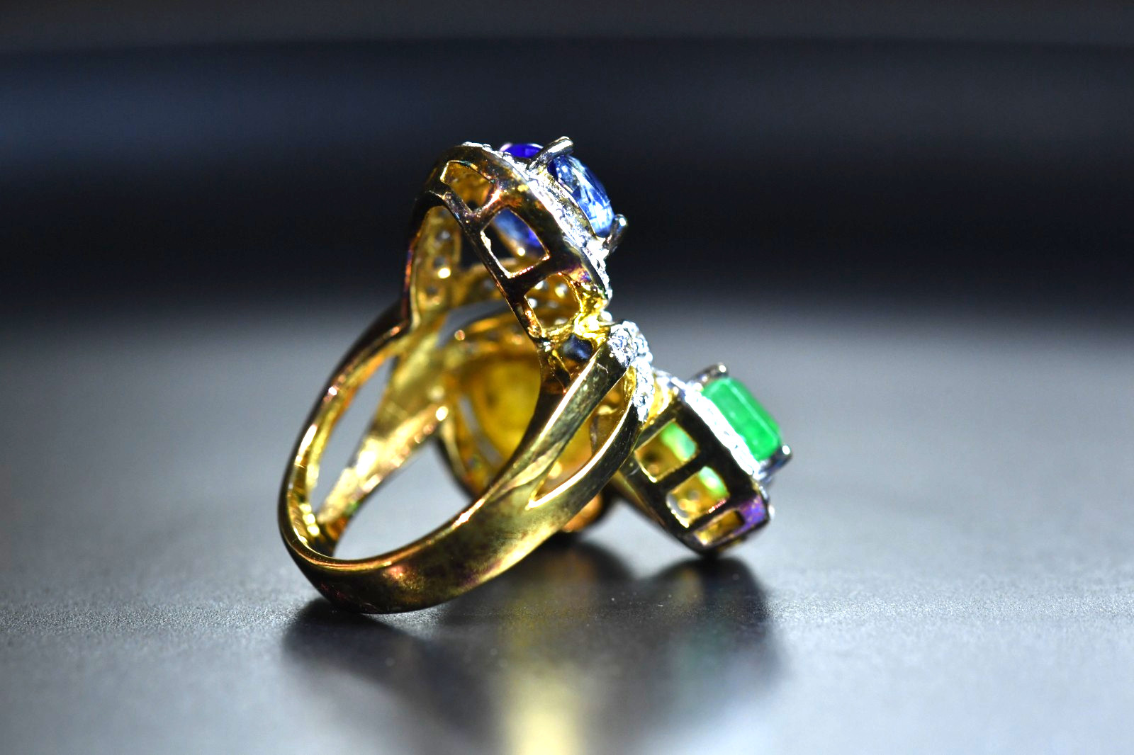 3 Stone Multi Gemstone Ring Emerald, Kyanite, Yellow, Sapphire surrounded CZ