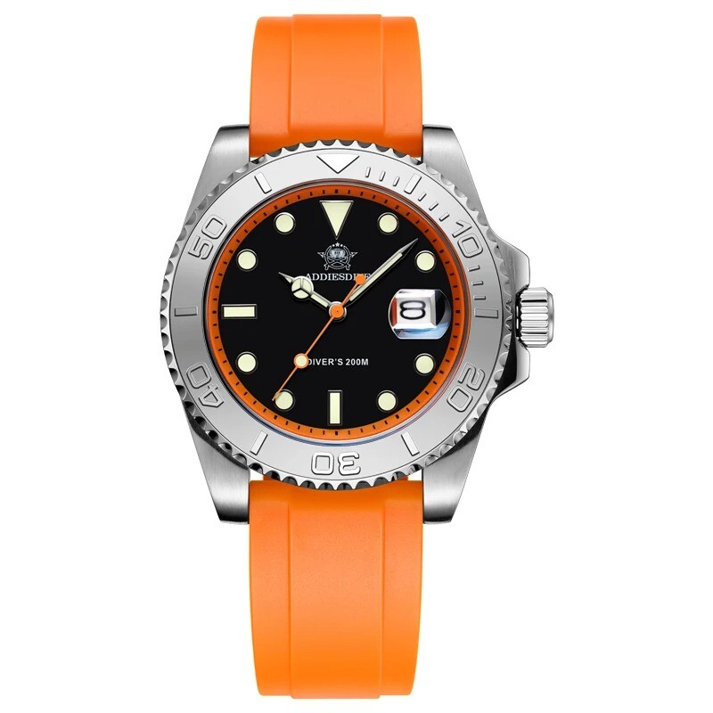 Addiesdive 41mm Quartz Dive Watch 200m Silver Stainless Steel Bezel Rubber Strap