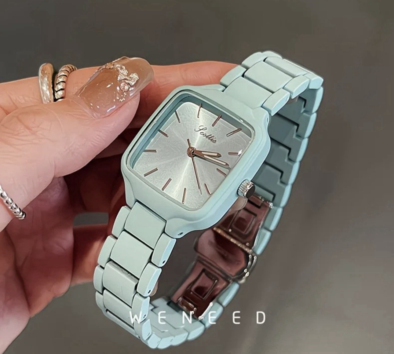 Solisia Light Blue Square Analog Wristwatch Metal Band Stick Indexes