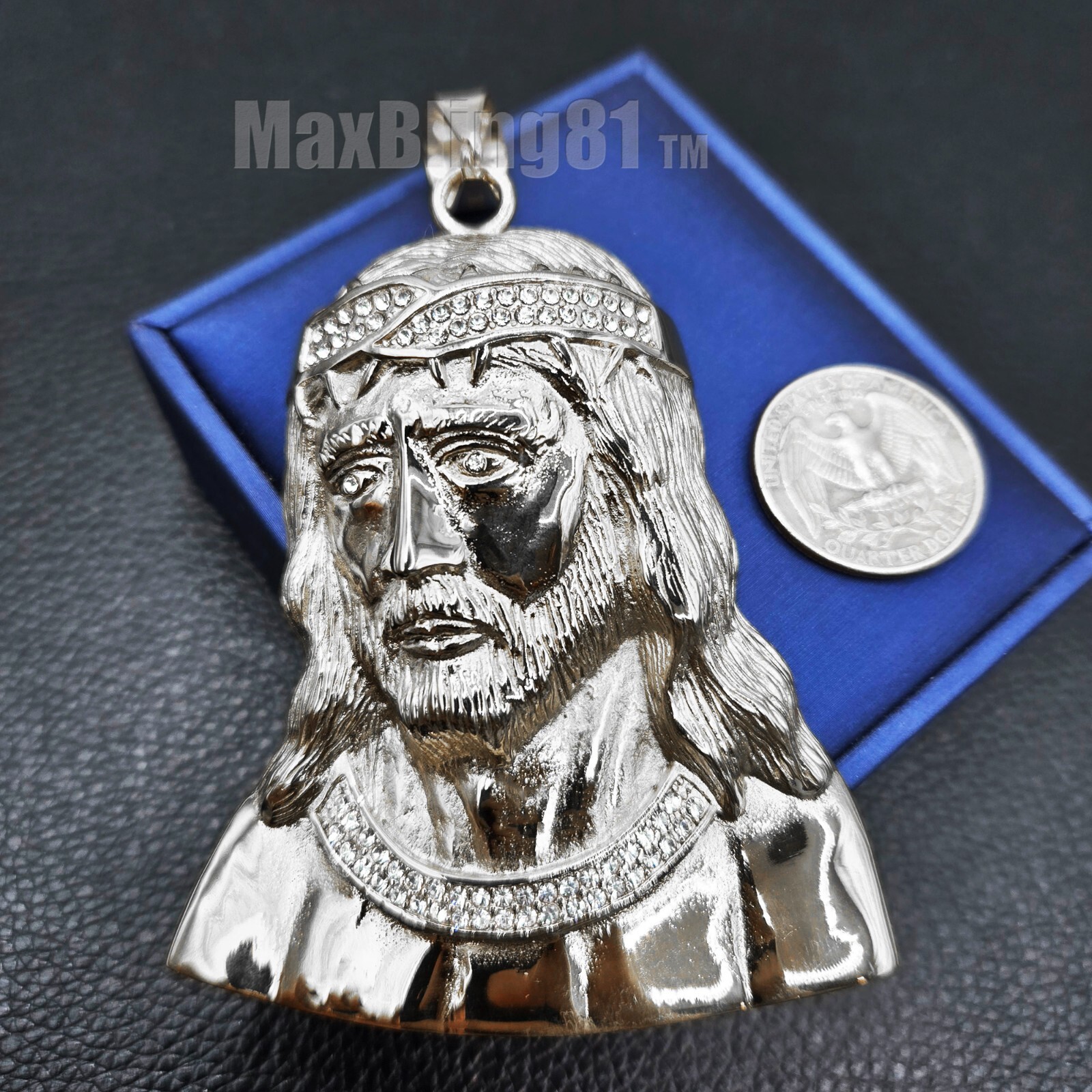 Stainless Steel Large Portrait Jesus Cubic Zirconia Charm Pendant Religious S-97