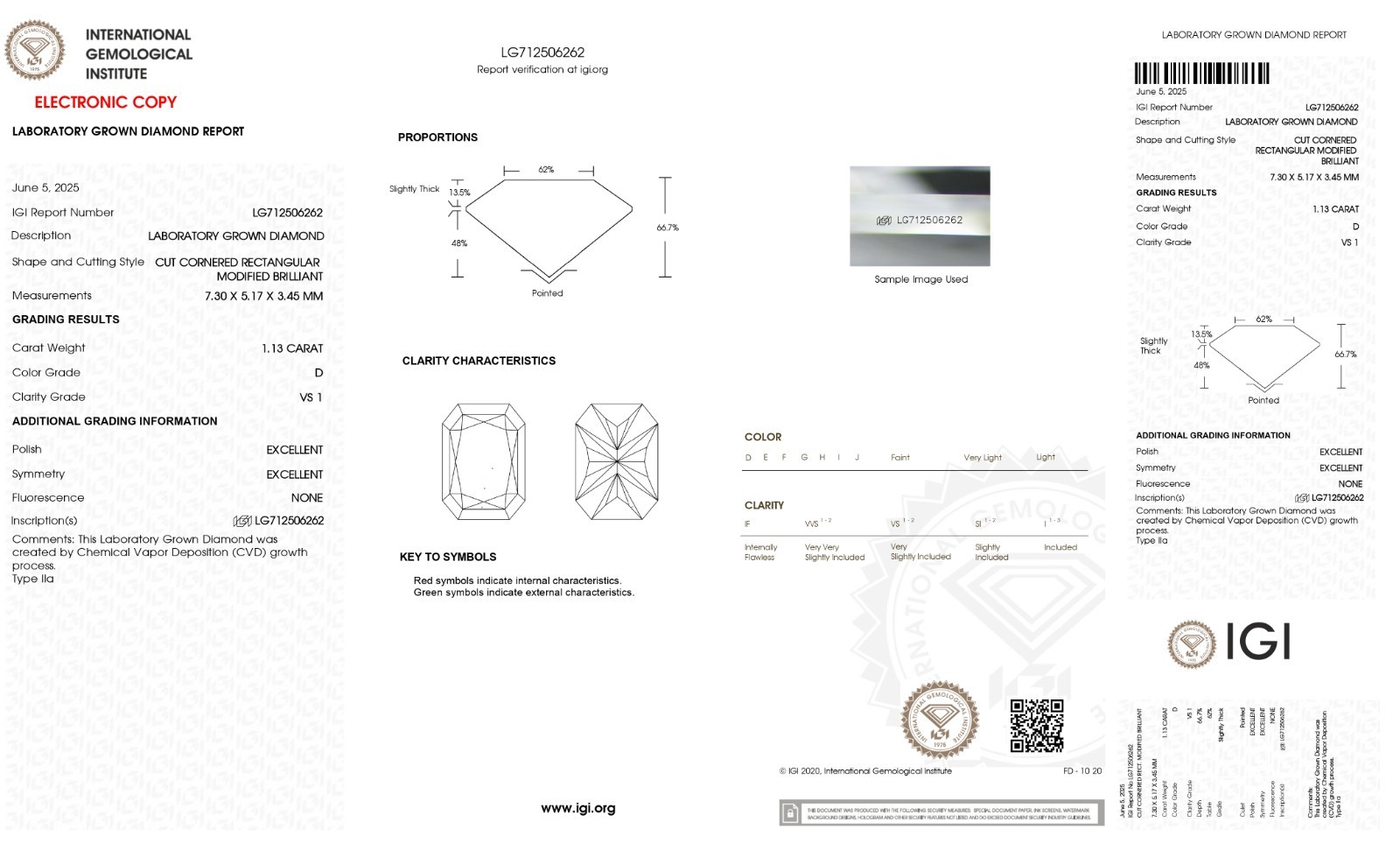 Lab Grown 1.13 Ct RADIANT Cut IGI Certified CVD Diamond D Color VS1 Clarity