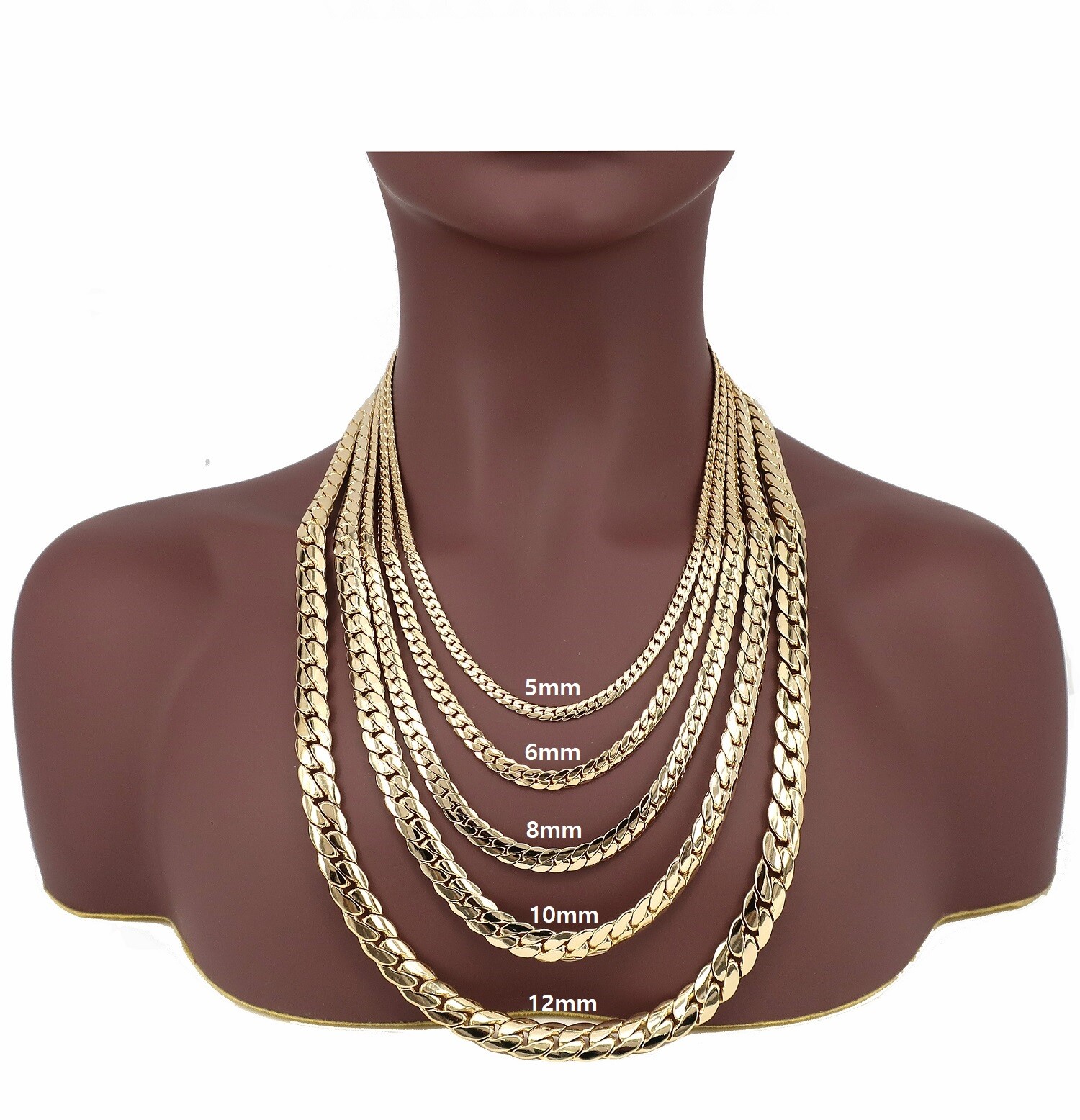 Mens Miami Cuban link Chain Necklace Bracelet 5mm to 12mm Yellow 14k Gold Plated