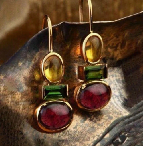 Multi Color Gold Hook Drop Earrings Resin Stones Yellow Green Red