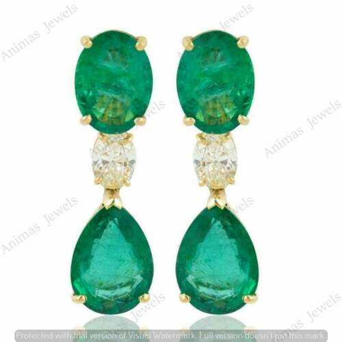4.50 Ct Oval Pear Shape Simulated Emerald Dangle Earrings 14K Yellow Gold Plated