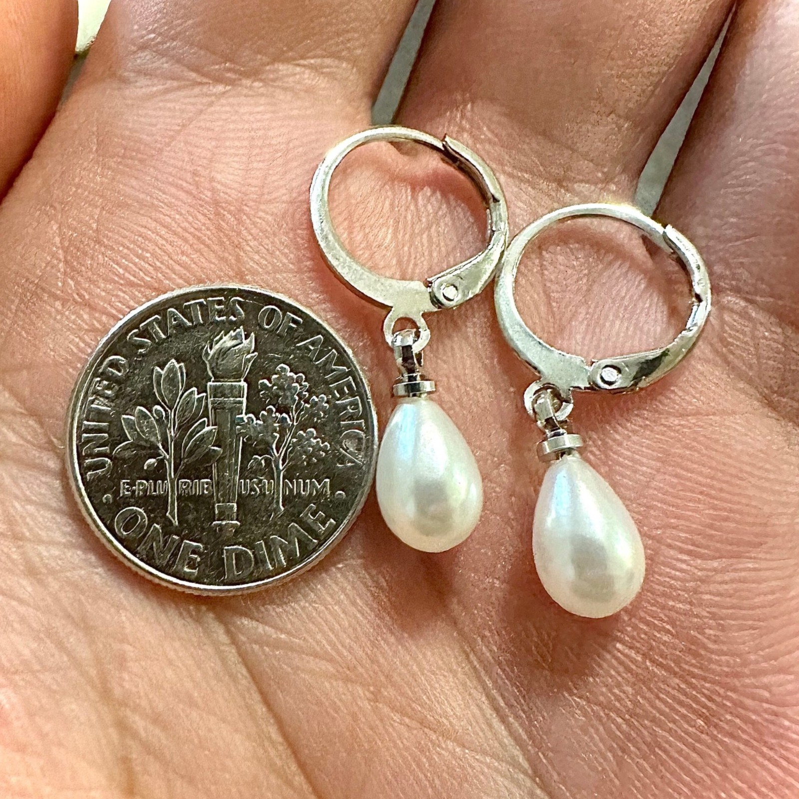 Pearl Drop Earrings 8mm Simulated Pearl Silver Plated Huggie Dangle
