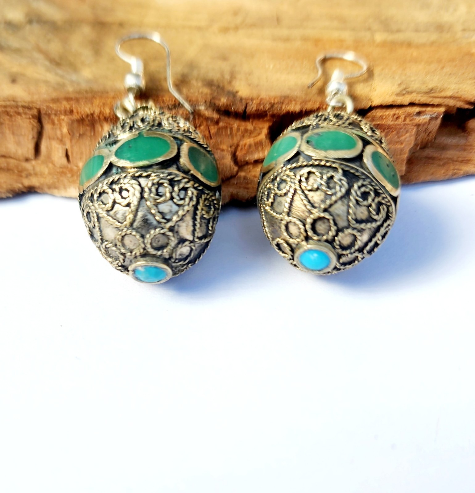 Filigree vintage Green Afghan Traditional ethnic Hook Dangle Drop Earrings