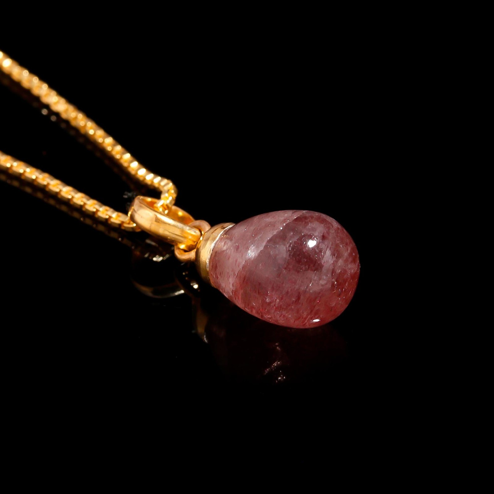 Natural Red Strawberry Quartz Teardrop Chain Pendant 925 Sterling Silver Jewelry