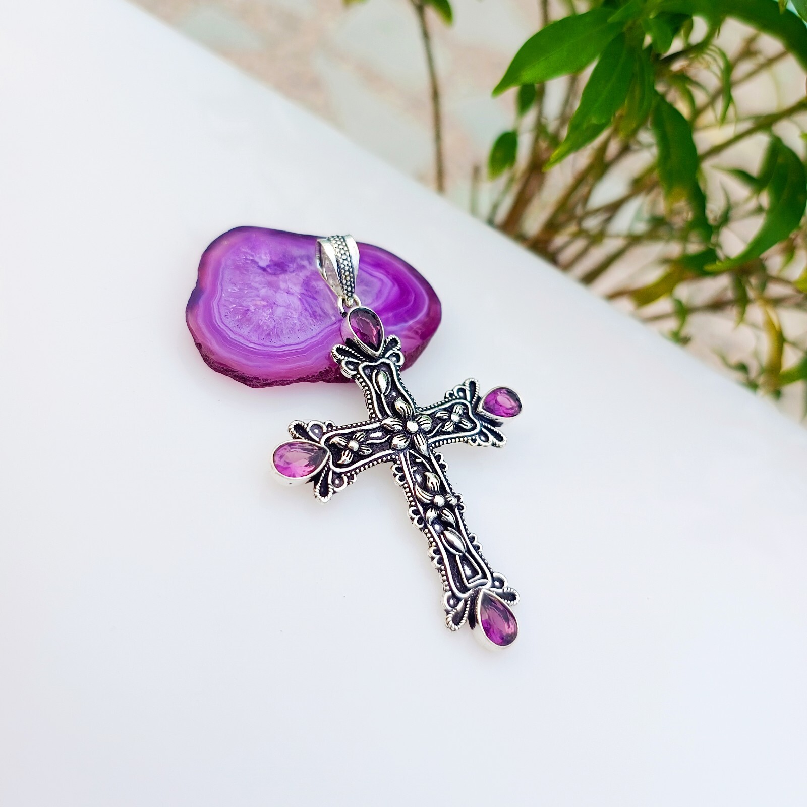 Amethyst Cross Pendant 925 Sterling Silver Handmade Gemstone Jewelry 2.83″