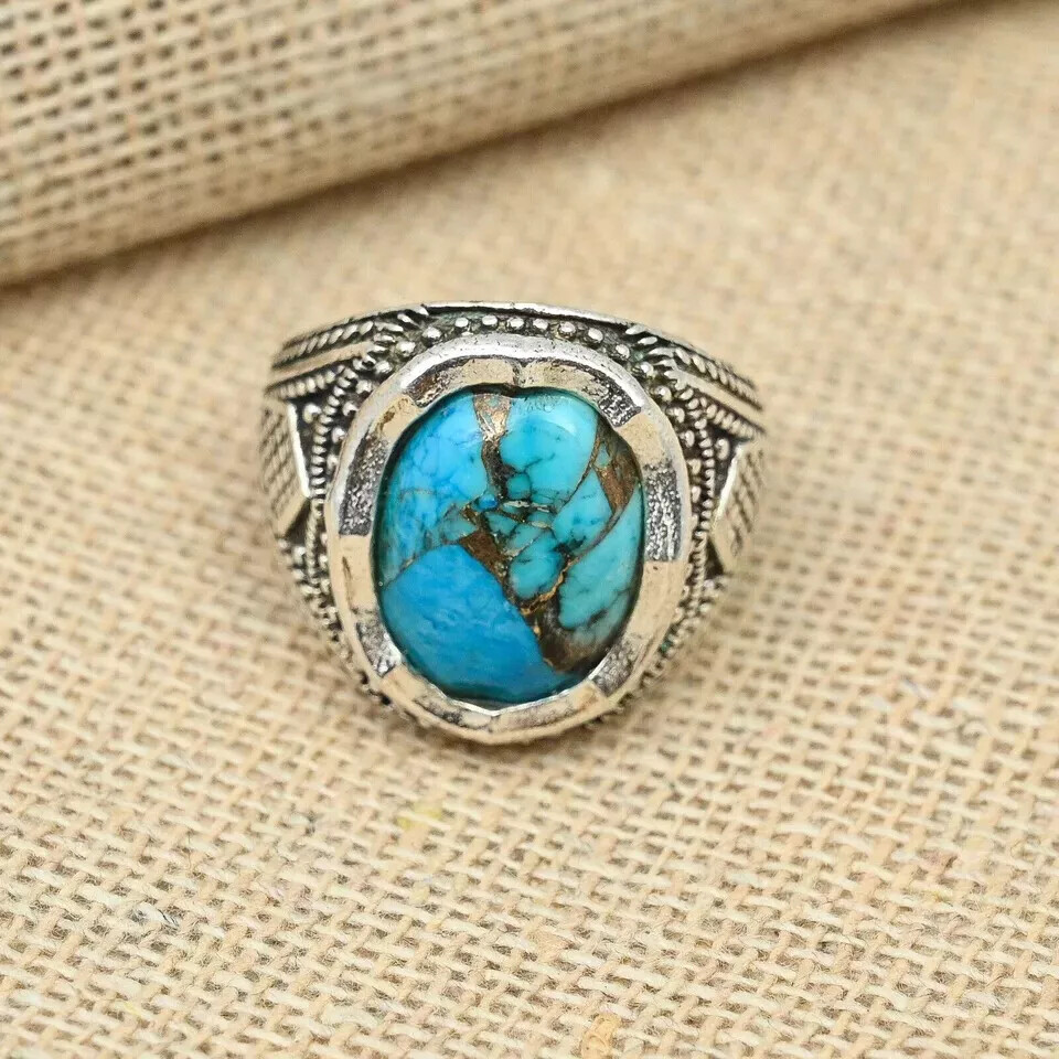 Blue Copper Turquoise Gemstone Ring 925 Sterling Silver Men’s Ring All Size D83
