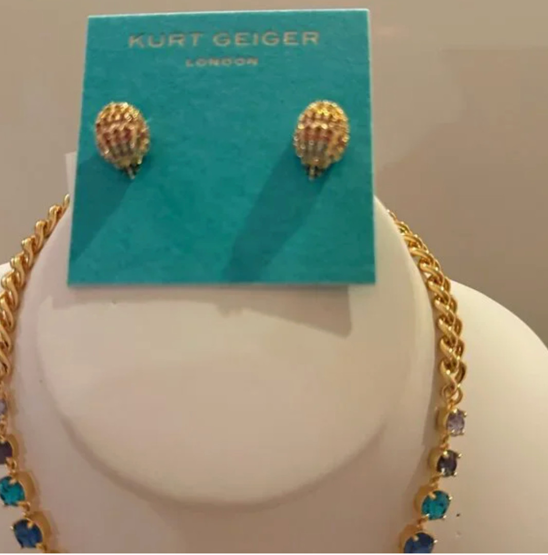 Kurt Geiger Necklace Eagle Head Gold Tone Pave Multicolored Crystals & EARRINGS