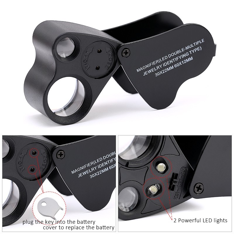 30X 60X Illuminated Jewelers Eye Loupe Foldable Magnifier Bright LED Light Gold