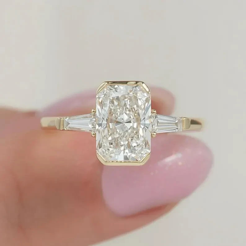 3CT Radiant Moissanite Half Bezel Engagement Ring In 14k Yellow Gold Plated