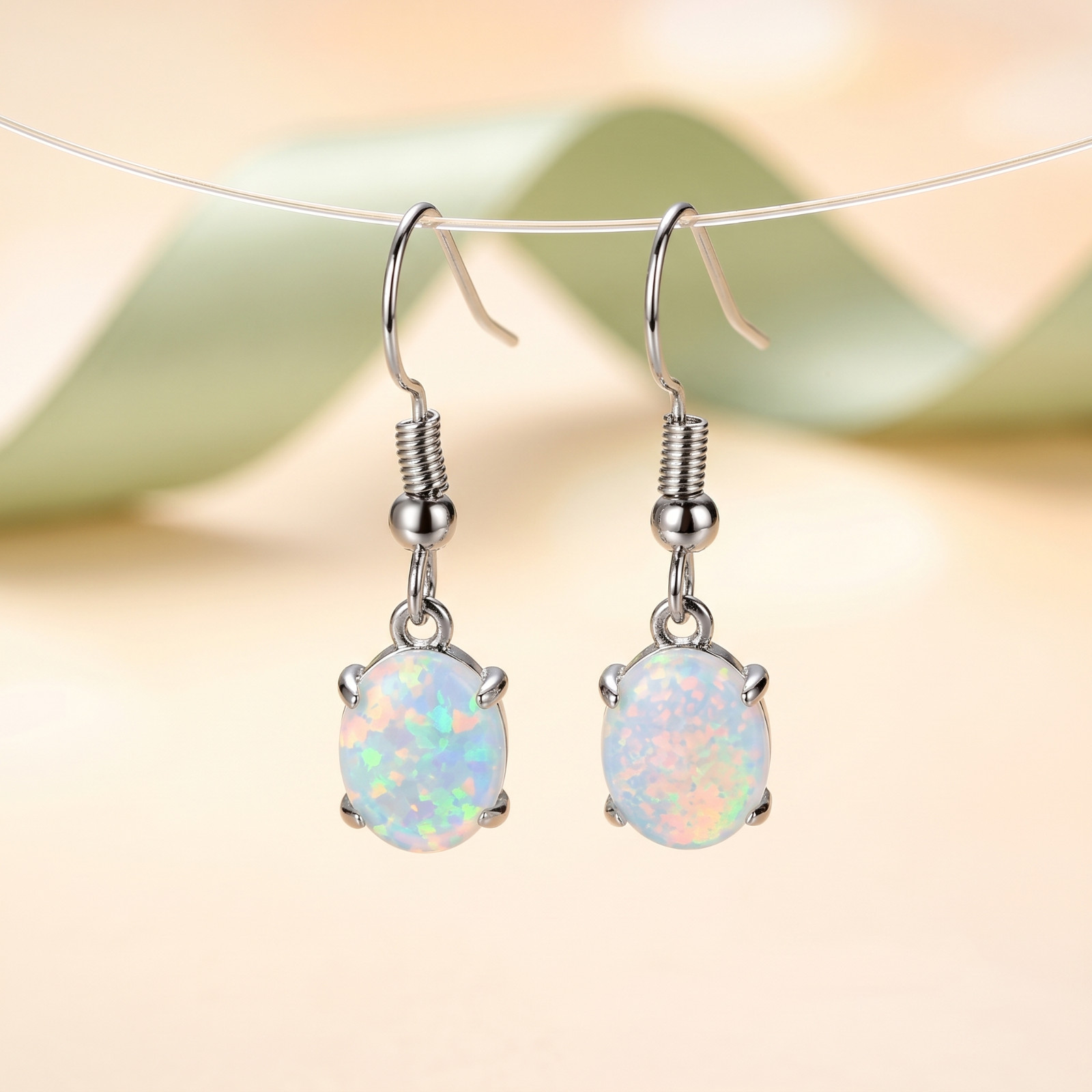 White Opal Dangle Earrings Sterling Silver Plated Fire Opal Drop Earrings