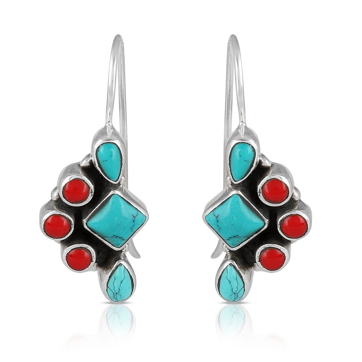 925 Sterling Silver Handmade Earrings Natural Turquoise & Coral Stone Earrings