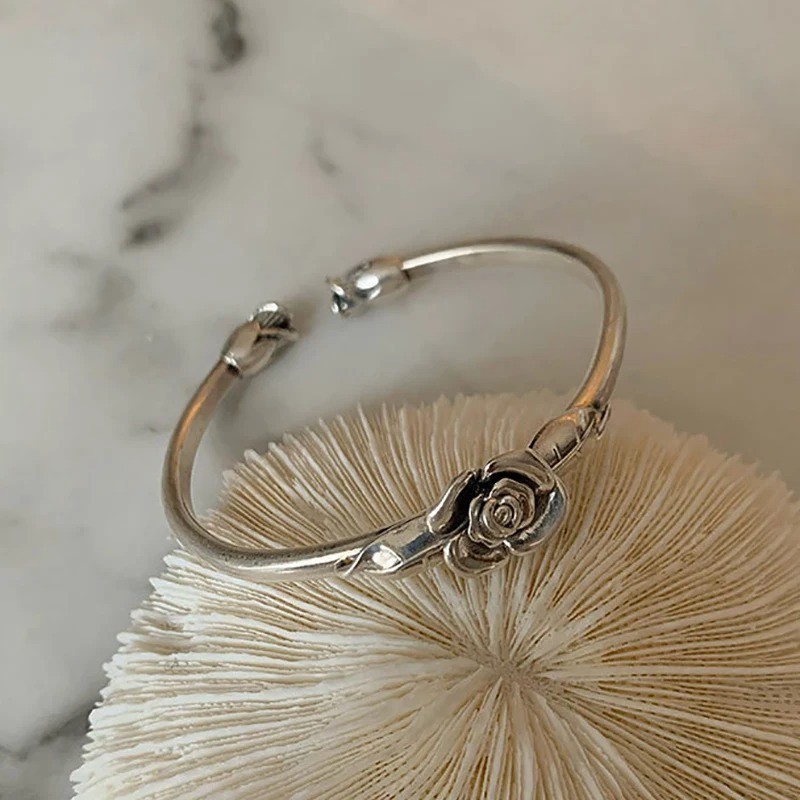 Vintage Flower Retro Rose Cuff Bangle 925 Sterling Silver Women Jewelry Bracelet