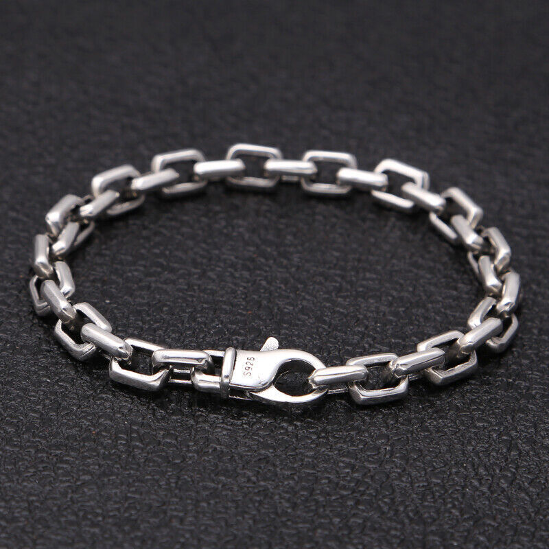 Pure S925 Sterling Silver Bracelet Women Men Vintage 7mm Square Cable Link
