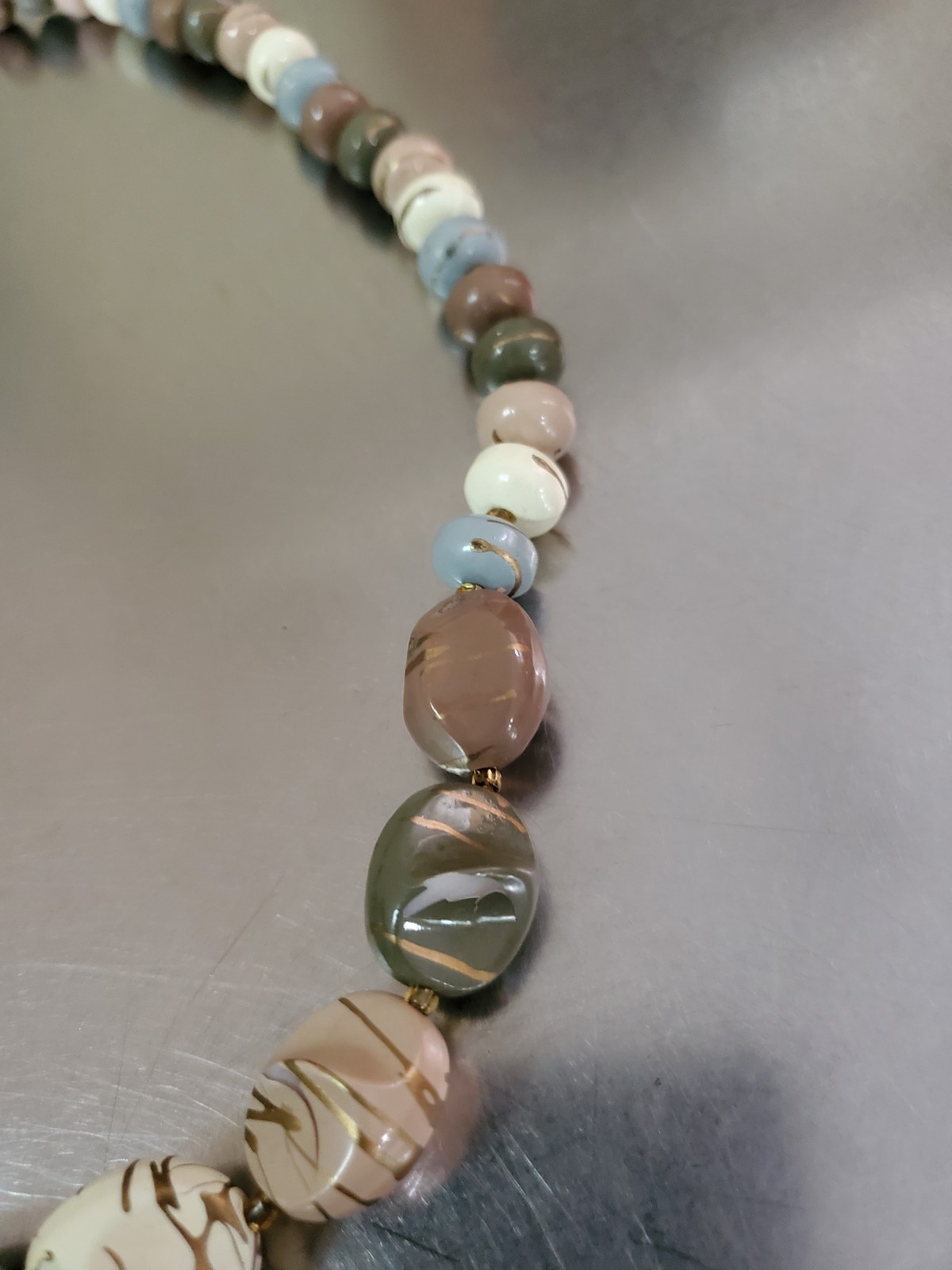 Vintage Multicolor Necklace Brown Blue Gold Beige White Green Beaded 22.5 inch