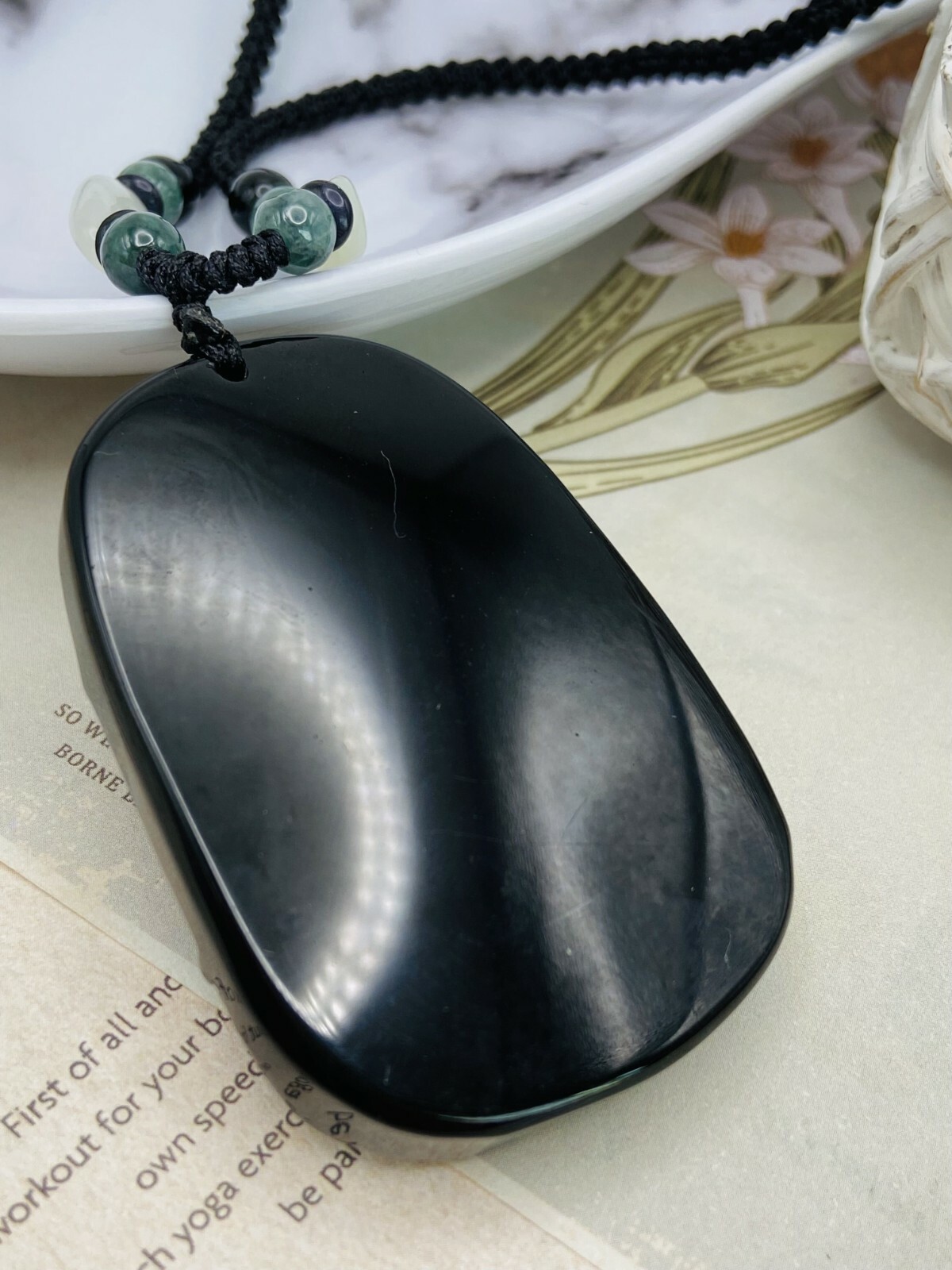 Jade Obsidian Dragon Charm Pendant Necklace Beads Cord Handmade Carved Gemstone