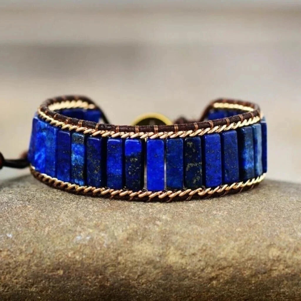 Natural Lapis Lazuli Tube Beads Braided Leather Bracelet Adjustable Unisex Gift