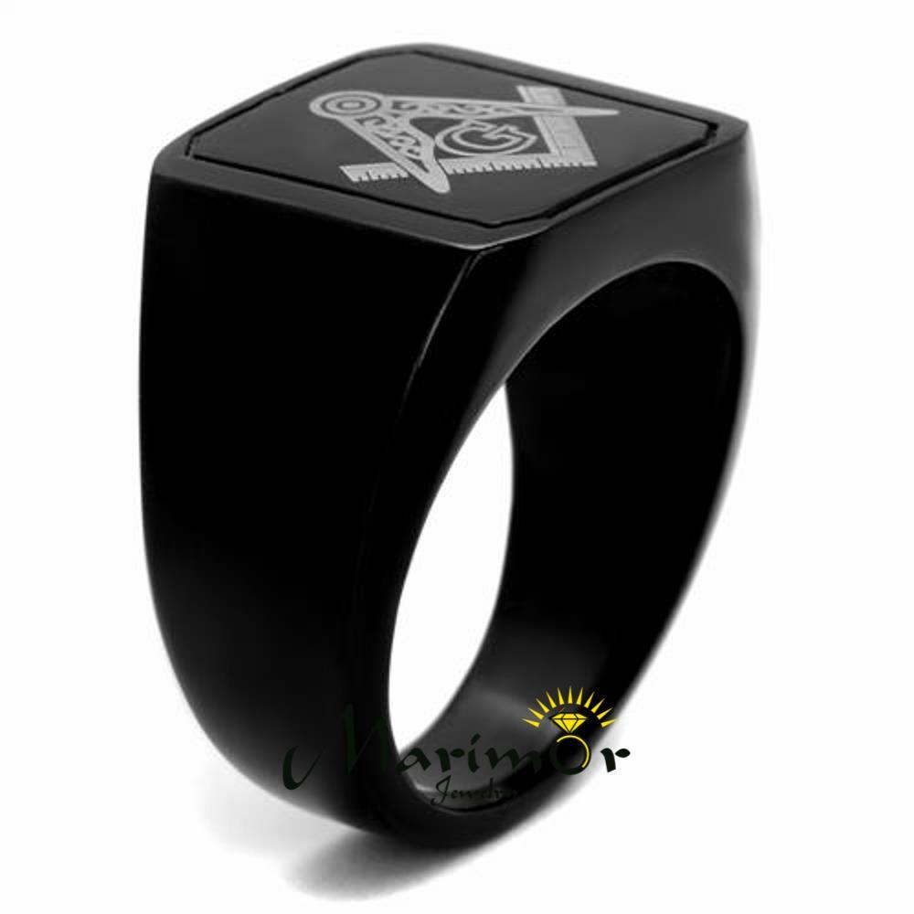 Men’s Stainless Steel Black Ion Plated & Enamel Masonic Freemason Ring Size 8-13