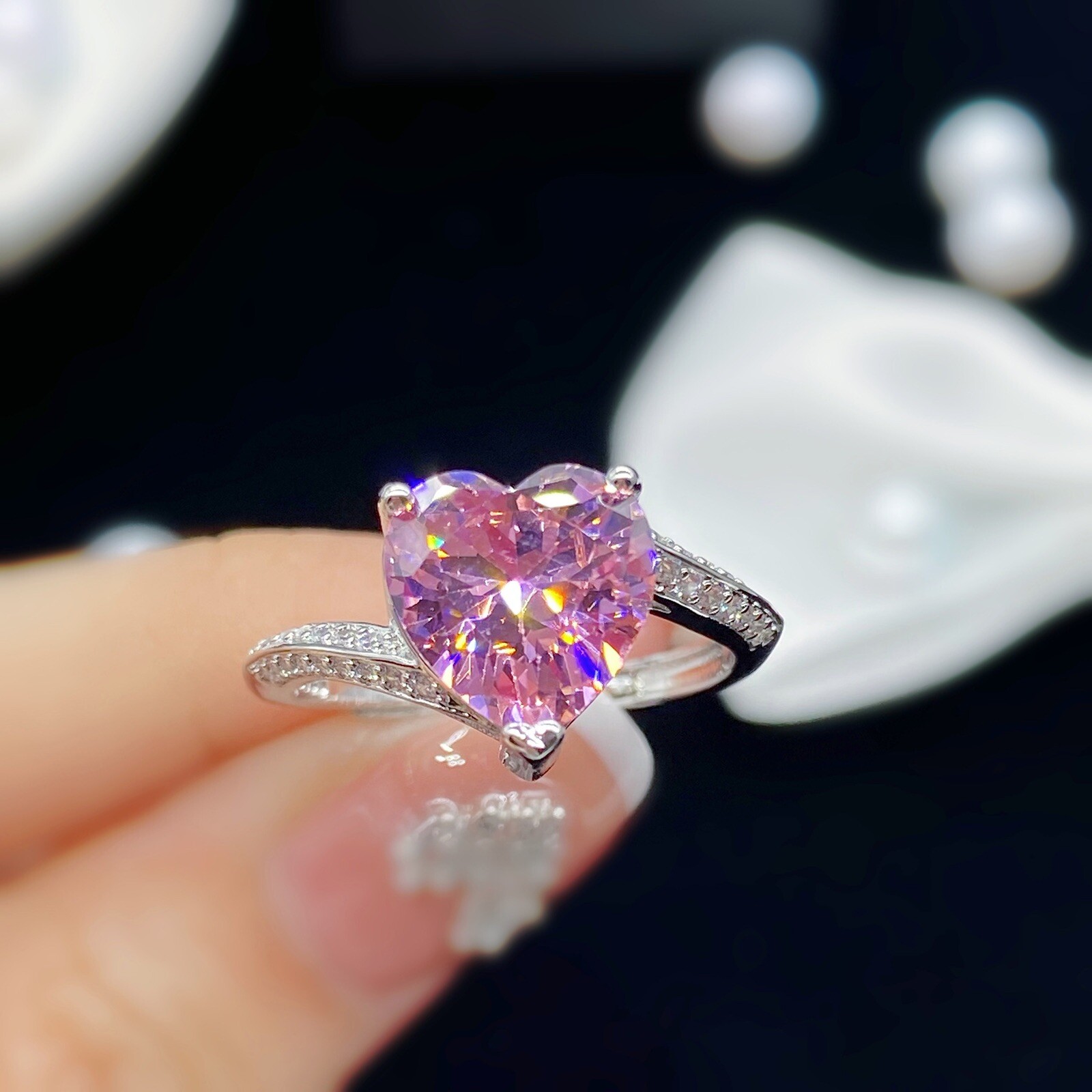 18K White Gold Plated Pink Gemstone Crystal Love Heart Ring for Women,Gifts