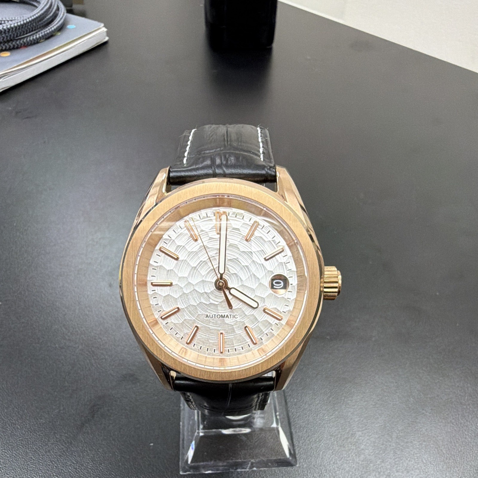 Men’s Automatic Wristwatch Rose Gold Tone White Dial Date Black Leather Strap