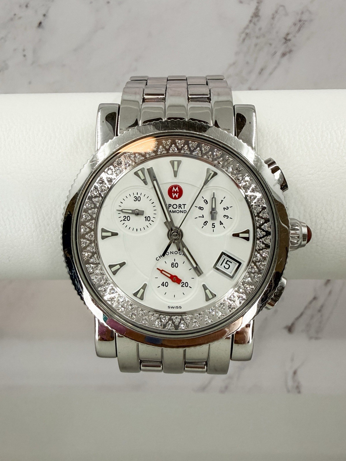 MICHELE Sport Diamond Chronograph Watch 71-5250 Stainless Steel 38mm Tested