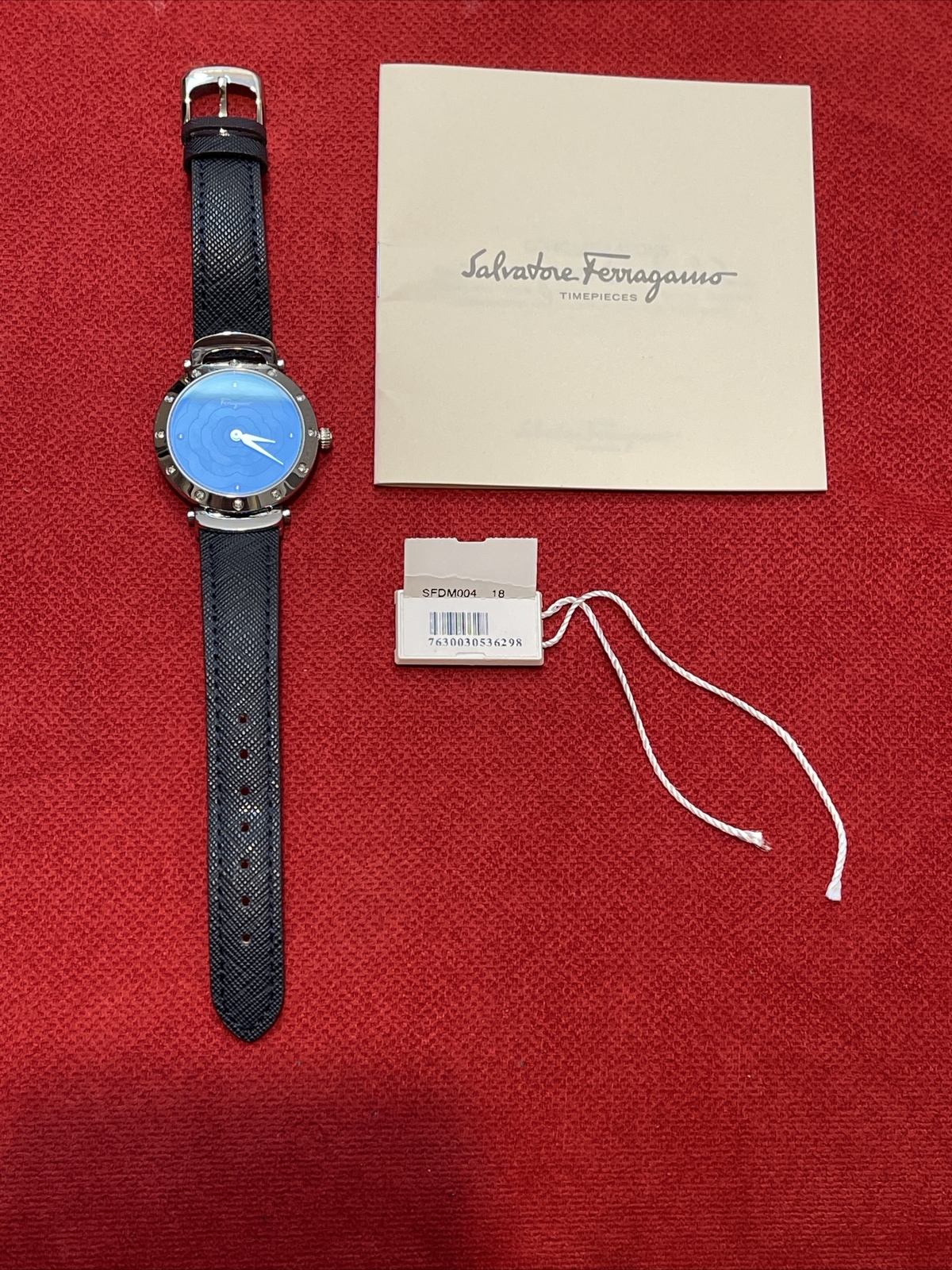SALVATORE FERRAGAMO Blue Leather Floral Mother Of Pearl 12 Diamonds $1395