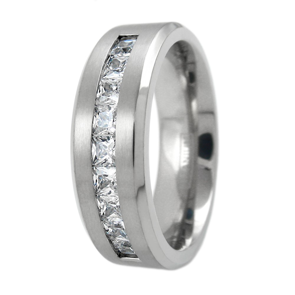 Engraved Titanium Men’s 1.8 Carat Princess Cut CZ Brushed Wedding Band Ring
