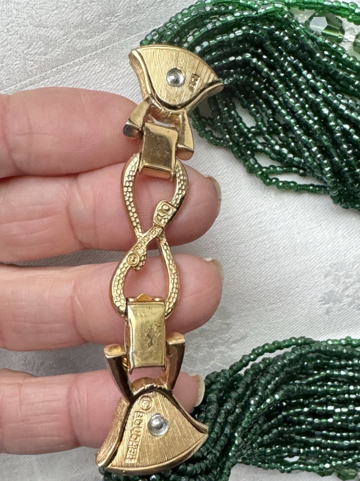 Rare Vtg Signed MARCEL BOUCHER Emerald Green Glass Seed Bead Demi Parure Set