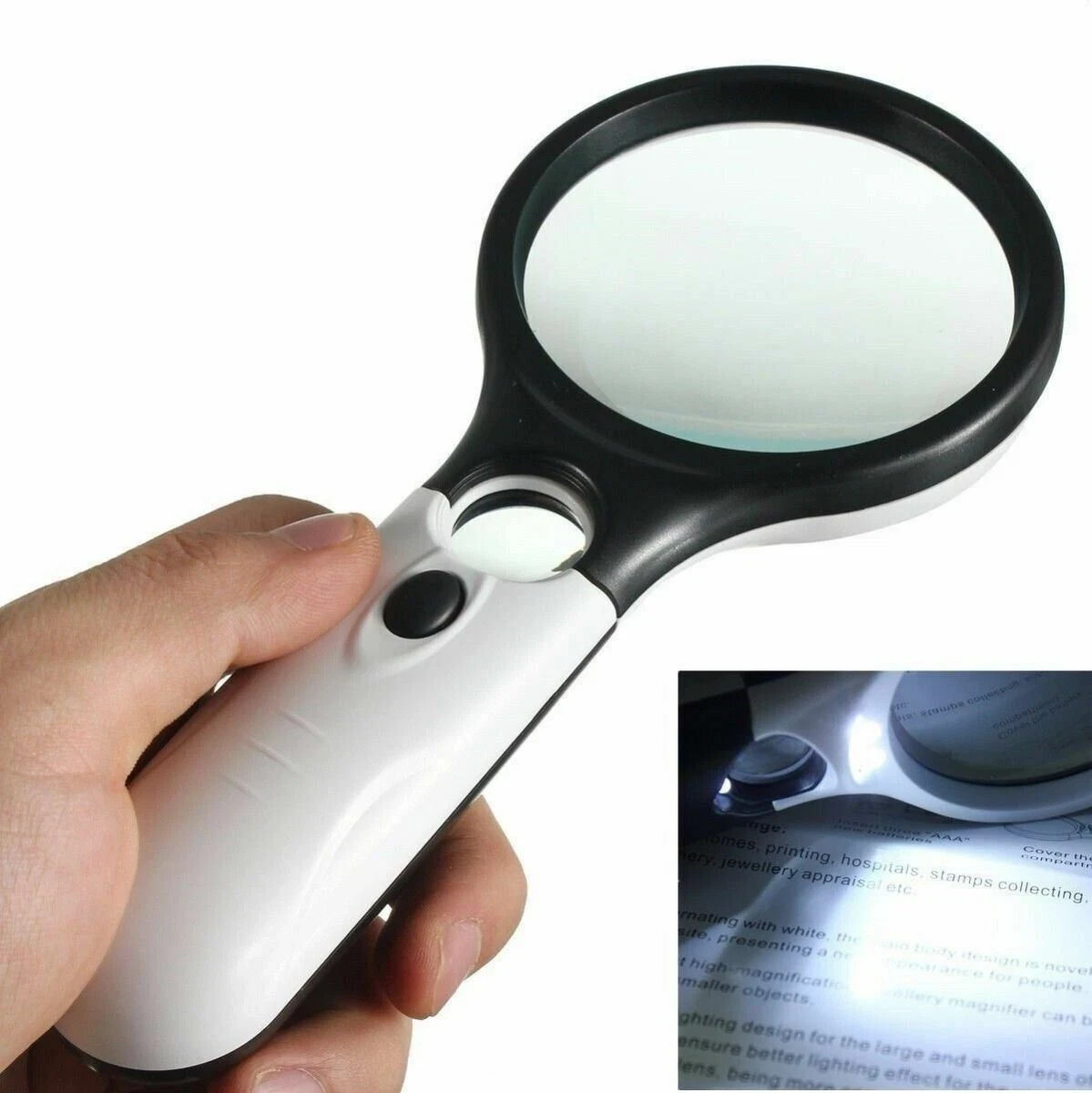 White Handheld Magnifying Glass 45X Lens 3 LED Light Reading Jewelry Inspector