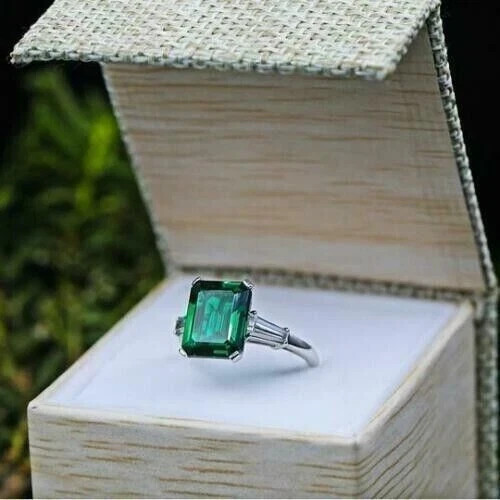 1.50CT Emerald Cut Lab Created Green 14K White Gold Finish Engagement Ring