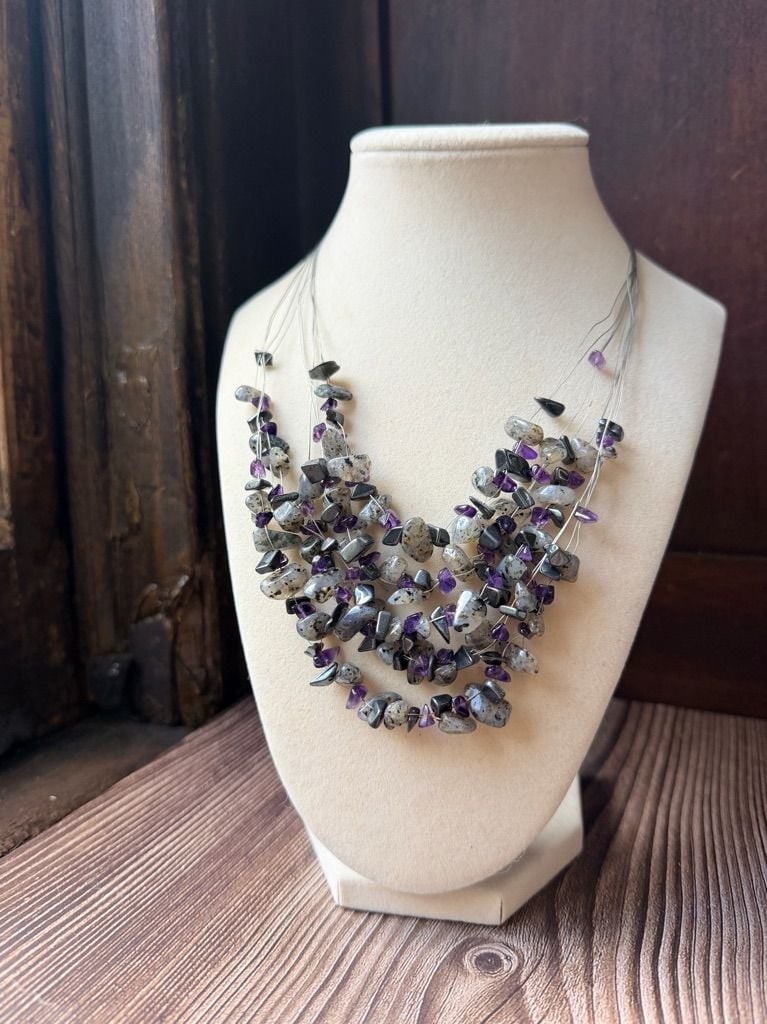 Multi-Strand Gemstone Chip Necklace with Amethyst and Labradorite