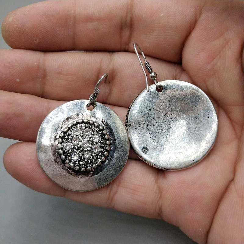 Chico’s Silver Disc Drop Earrings Rhinestone Statement Dangle Boho Vintage Style