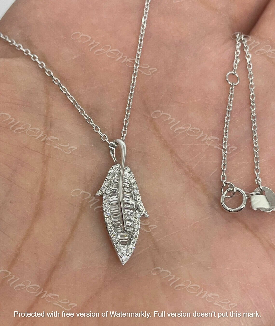 1Ct Round Baguette Cut Diamond Leaf Pendant 18K White Gold Finish 18″ Free Chain