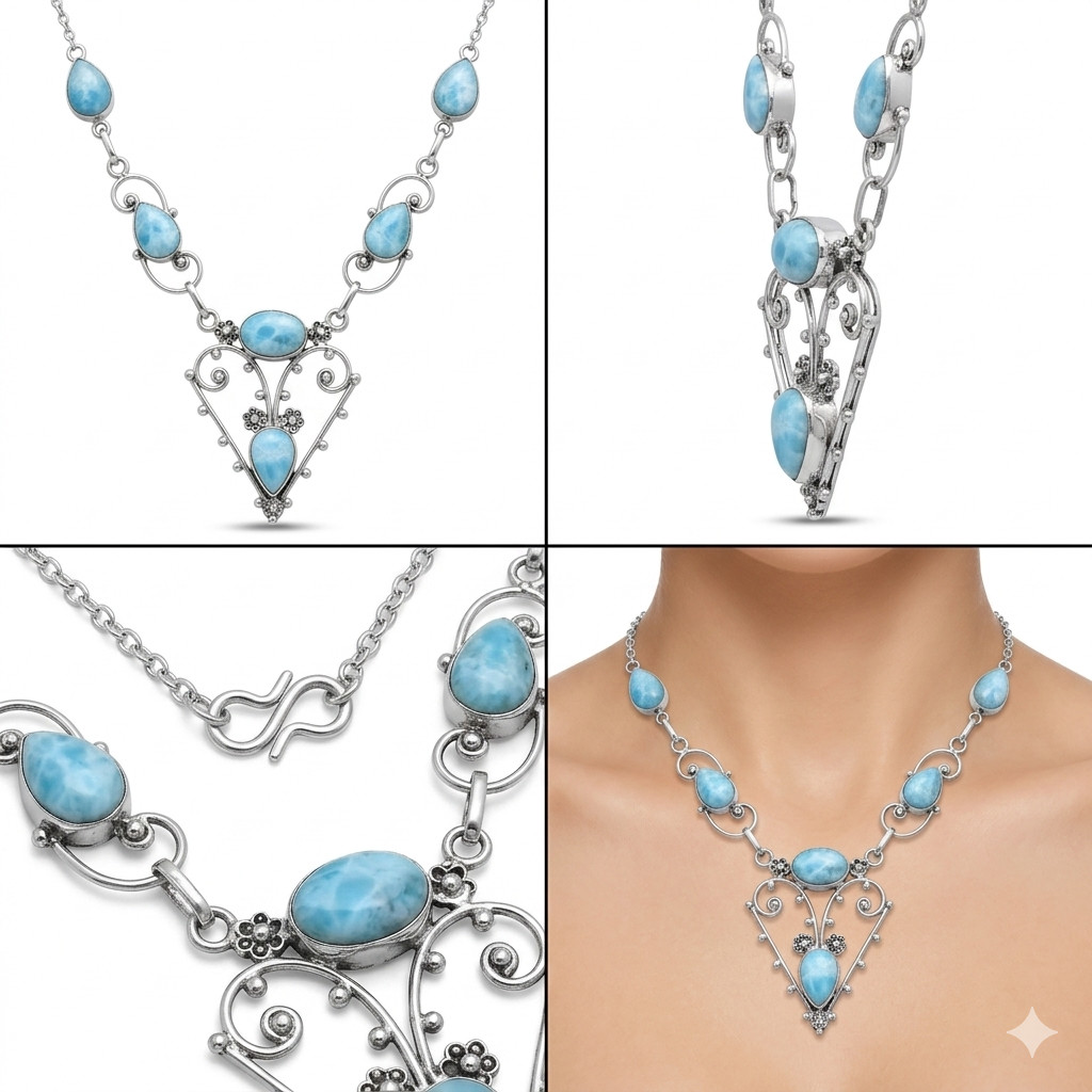 Beautiful Larimar Necklace 925 Sterling Silver Handmade Gemstone Jewelry S-18 in