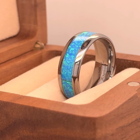 Domed Silver Tungsten Wedding Ring – Blue Green Opal Inlay Custom Engraved Band
