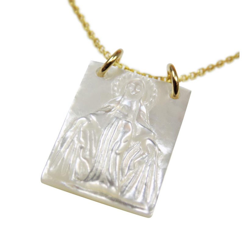 Scapular Christian Necklace, Virgin Mary Mother of Pearl Scapular Necklace