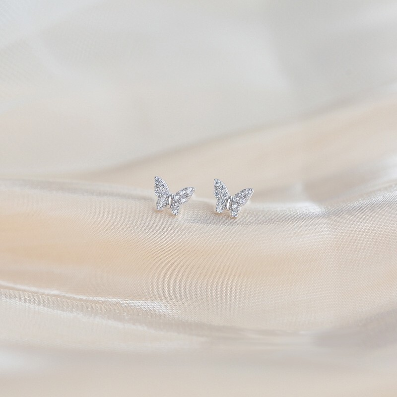 925 Sterling Silver Small Butterfly Pave CZ Cubic Zircon Stud Earrings Gift PE50