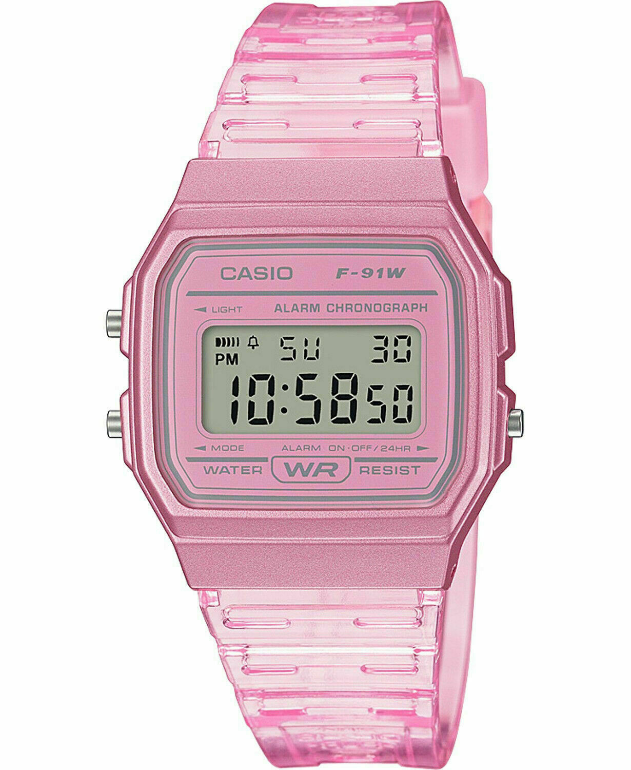 Casio F91WS-4, 7 Year Battery Chronograph Watch, Pink Silicone Strap, Alarm