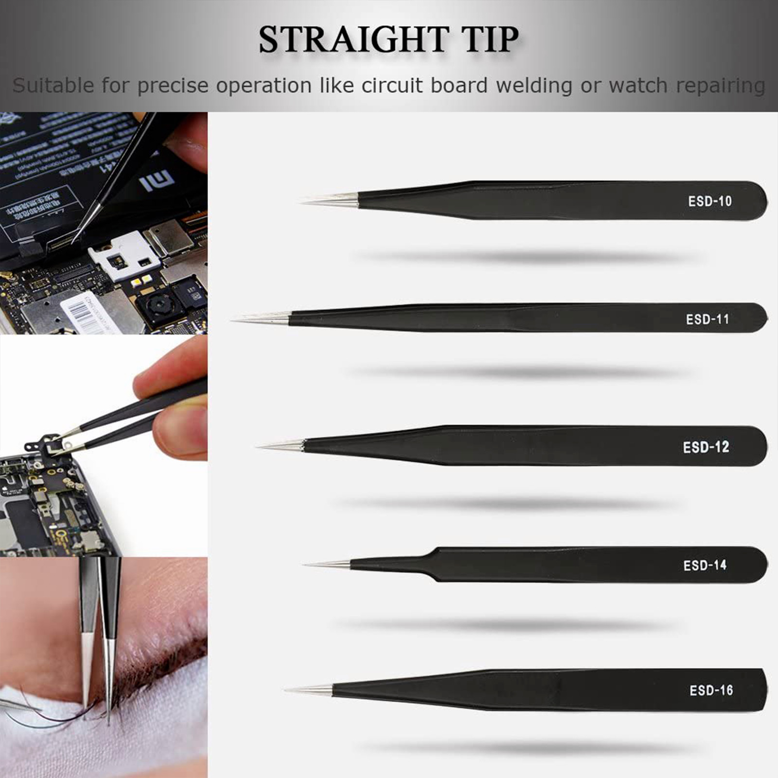 10 x ESD Precision Anti static Tweezers Set Stainless Steel Tool for Electronics