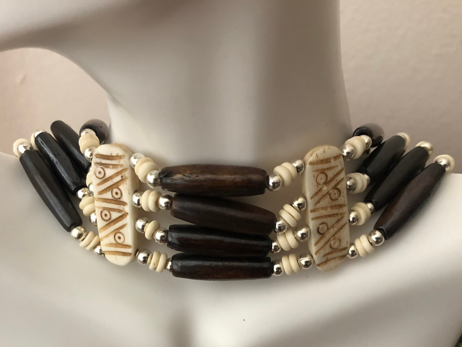 Native American Buffalo Bone Hairpipe Tribal Choker Traditional 4 Row Necklace