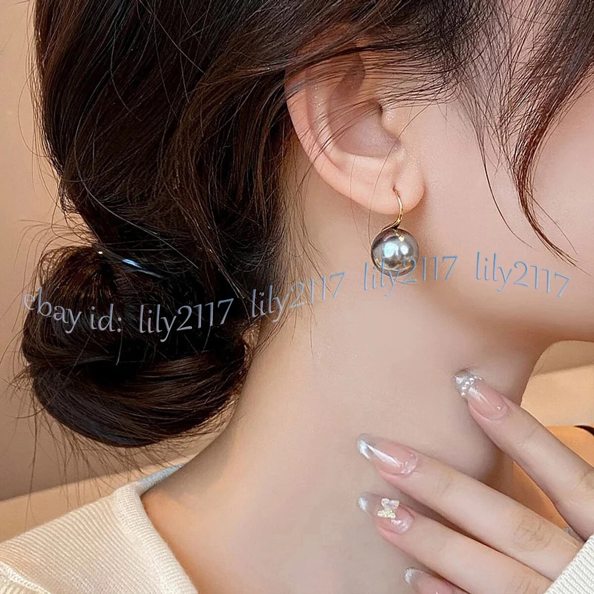 Perfect Round AAA Silver Gray Akoya Real Natural Pearl Dangle Gold Hook Earrings