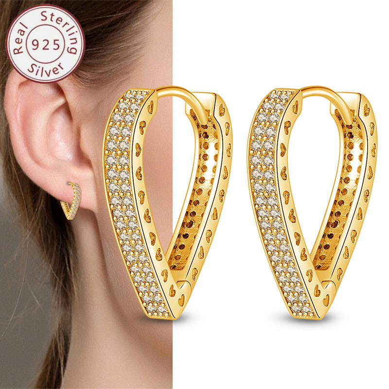 KUNSIR Women 925 Sterling Silver Gold Heart Shape Huggie Hoop Earrings Full CZ